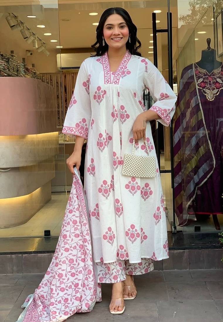 Floral printed pure cotton v neck white kurta trouser & dupatta set