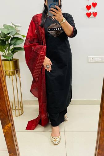 Floral embroidered pure cotton round neck black kurta trouser & dupatta set