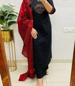 Floral embroidered pure cotton round neck black kurta trouser & dupatta set