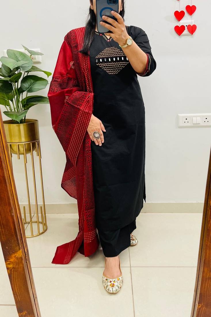 Floral embroidered pure cotton round neck black kurta trouser & dupatta set