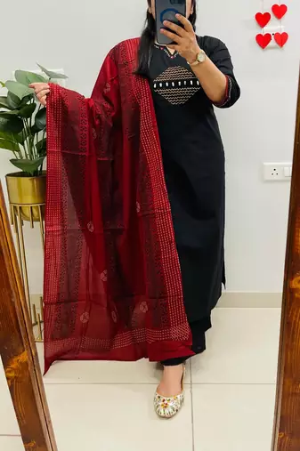 Floral embroidered  cotton round neck black kurta trouser & dupatta set