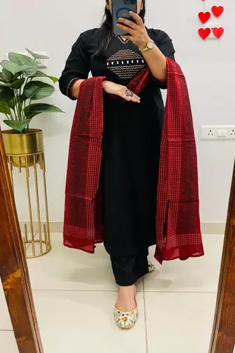 Floral embroidered  cotton round neck black kurta trouser & dupatta set
