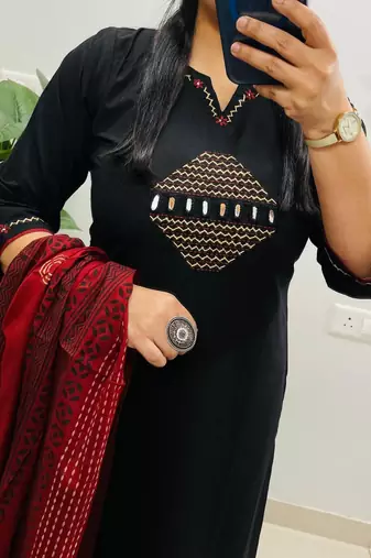 Floral embroidered  cotton round neck black kurta trouser & dupatta set