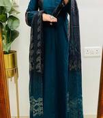 Floral embroidered pure cotton v neck blue kurta trouser & dupatta set