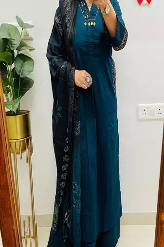 Floral embroidered pure cotton v neck blue kurta trouser & dupatta set