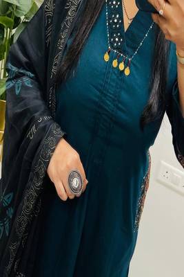 Floral embroidered  cotton v neck blue kurta trouser & dupatta set 3