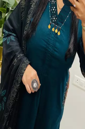 Floral embroidered pure cotton v neck blue kurta trouser & dupatta set