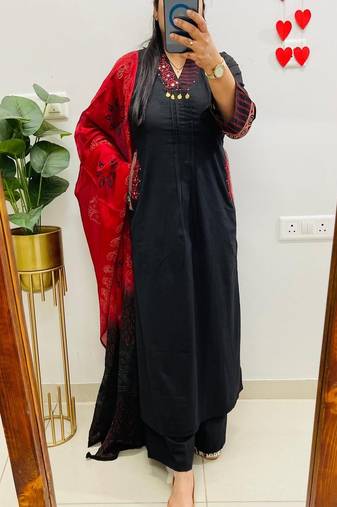Floral embroidered pure cotton v neck black kurta trouser & dupatta set