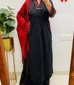 Floral embroidered pure cotton v neck black kurta trouser & dupatta set