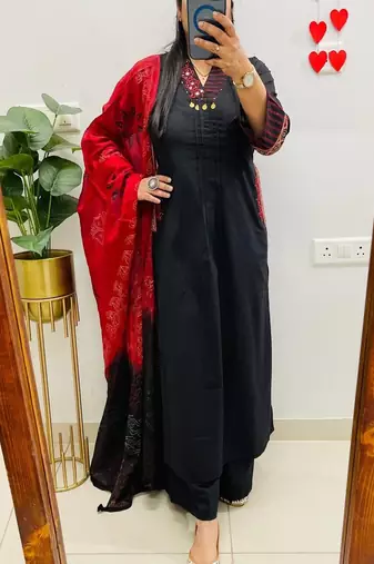Floral embroidered pure cotton v neck black kurta trouser & dupatta set