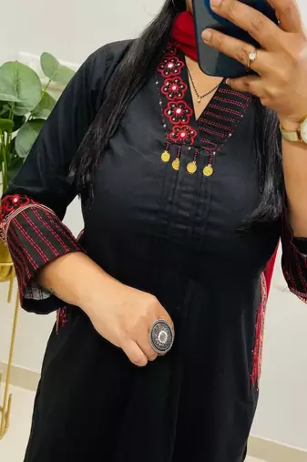 Floral embroidered pure cotton v neck black kurta trouser & dupatta set