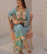 Floral embroidered pure cotton keyhole neck blue co ord set