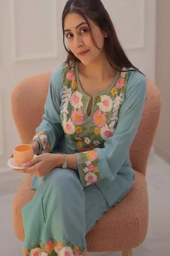 Floral embroidered pure cotton keyhole neck blue co ord set