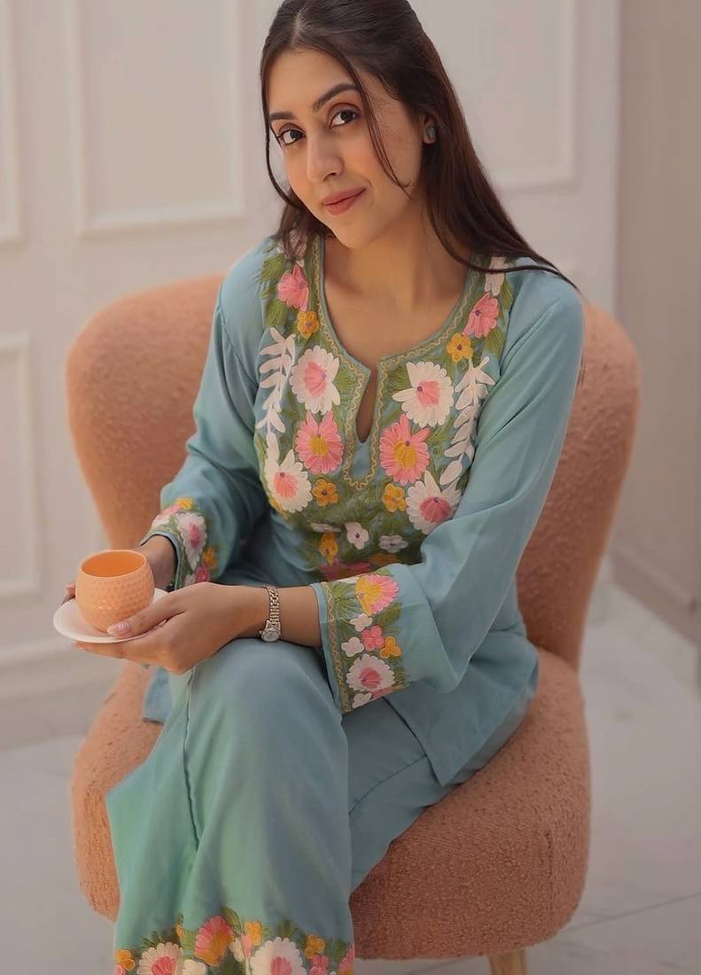 Floral embroidered pure cotton keyhole neck blue co ord set