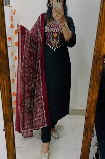 Floral embroidered pure cotton round neck black kurta trouser & dupatta set