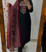 Floral embroidered pure cotton round neck black kurta trouser & dupatta set