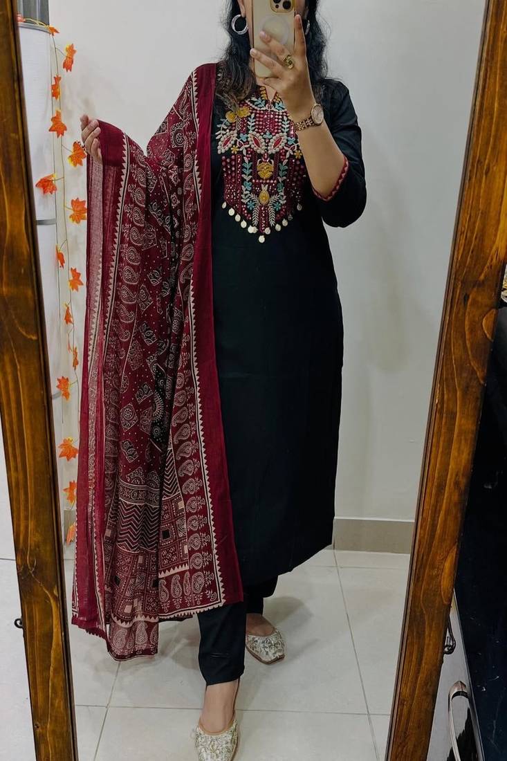 Floral embroidered pure cotton round neck black kurta trouser & dupatta set