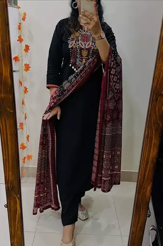 Floral embroidered  cotton round neck black kurta trouser & dupatta set