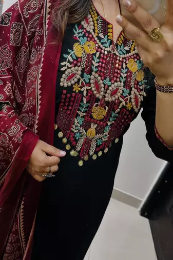 Floral embroidered  cotton round neck black kurta trouser & dupatta set