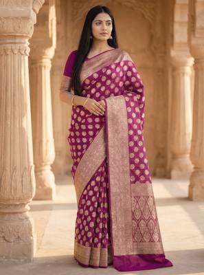 Banarasi puresilk khaddi georgette saree in rani pink colour with floral zari work 1