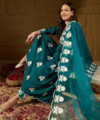 Women teal silk blend solid embroidered a-line kurta trouser with dupatta 2