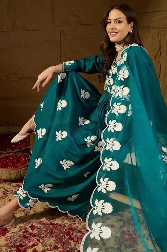 Women teal silk blend solid embroidered a-line kurta trouser with dupatta