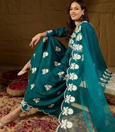 Women teal silk blend solid embroidered a-line kurta trouser with dupatta