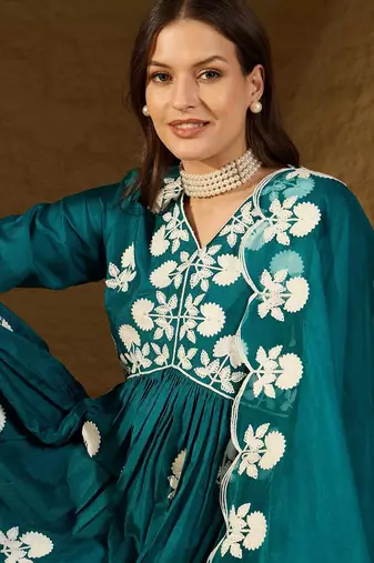 Women teal silk blend solid embroidered a-line kurta trouser with dupatta