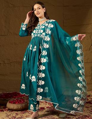 Women teal silk blend solid embroidered a-line kurta trouser with dupatta 1