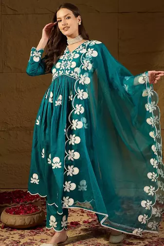 Women teal silk blend solid embroidered a-line kurta trouser with dupatta
