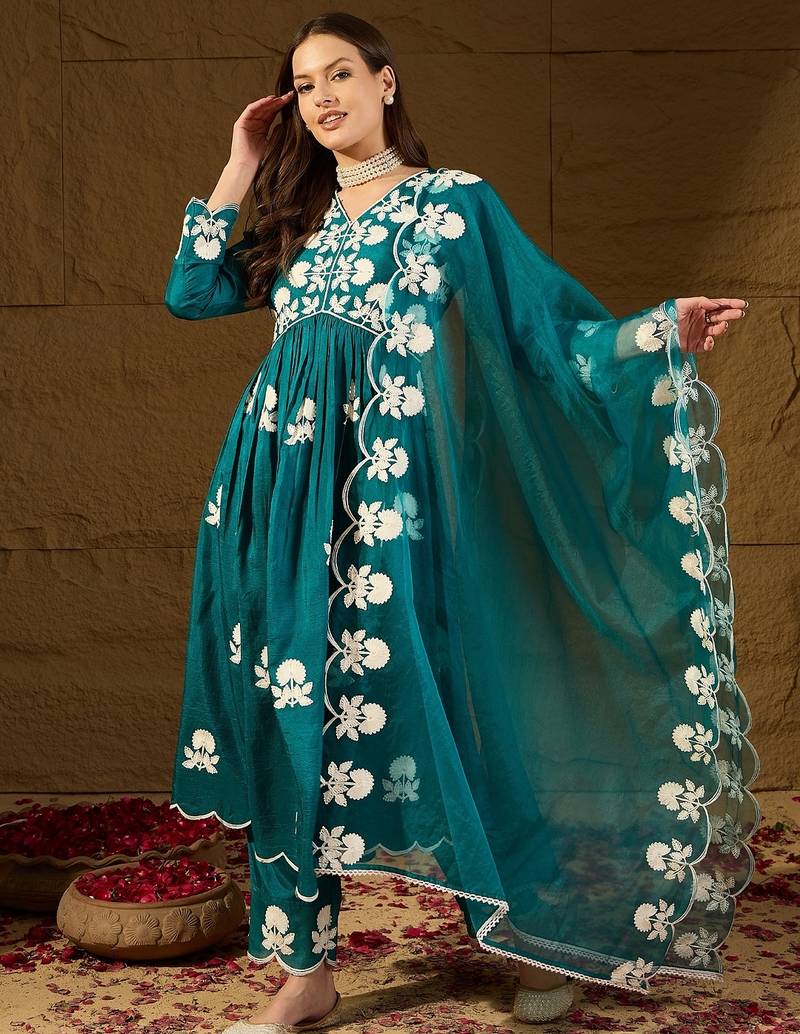 Women teal silk blend solid embroidered a-line kurta trouser with dupatta
