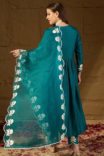 Women teal silk blend solid embroidered a-line kurta trouser with dupatta
