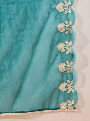 Women teal silk blend solid embroidered a-line kurta trouser with dupatta 5