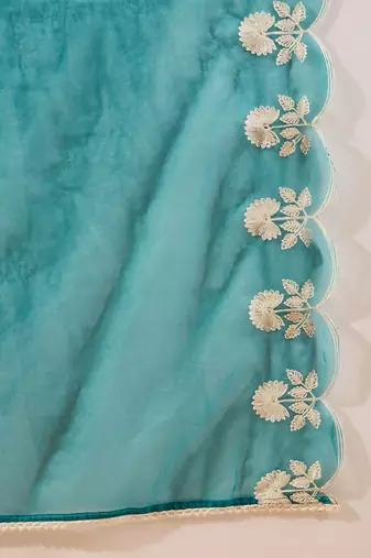Women teal silk blend solid embroidered a-line kurta trouser with dupatta