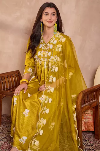 Women mustard silk blend solid embroidered a-line kurta trouser with dupatta