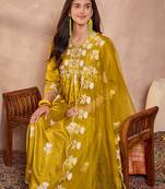 Women mustard silk blend solid embroidered a-line kurta trouser with dupatta