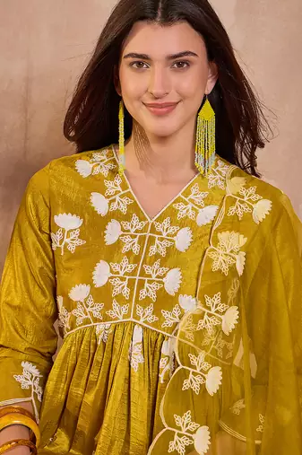 Women mustard silk blend solid embroidered a-line kurta trouser with dupatta