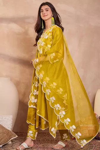 Women mustard silk blend solid embroidered a-line kurta trouser with dupatta