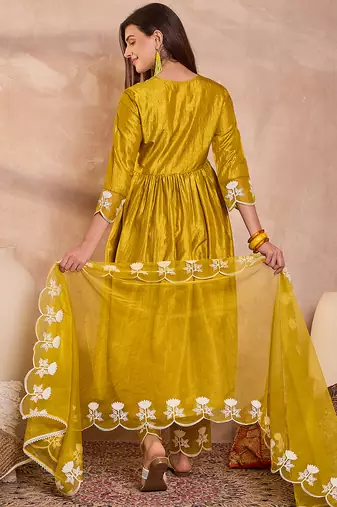 Women mustard silk blend solid embroidered a-line kurta trouser with dupatta