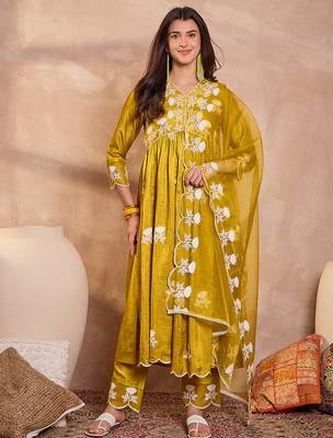 Women mustard silk blend solid embroidered a-line kurta trouser with dupatta 5