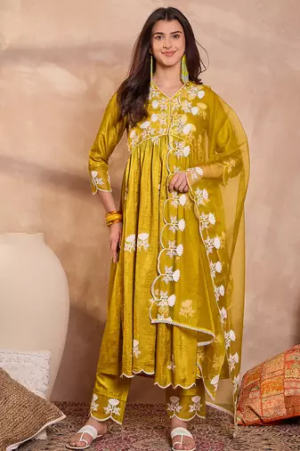 Women mustard silk blend solid embroidered a-line kurta trouser with dupatta
