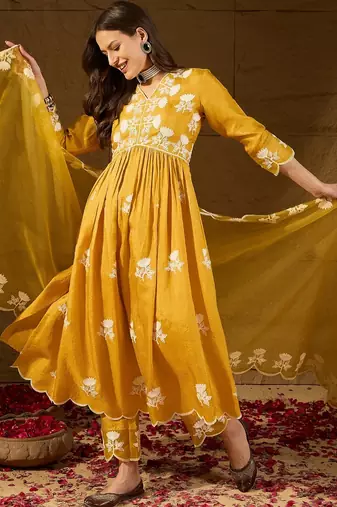Women yellow silk blend solid embroidered a-line kurta trouser with dupatta