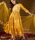 Women yellow silk blend solid embroidered a-line kurta trouser with dupatta