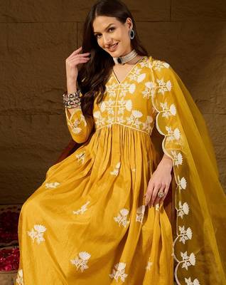 Women yellow silk blend solid embroidered a-line kurta trouser with dupatta 2