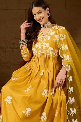 Women yellow silk blend solid embroidered a-line kurta trouser with dupatta