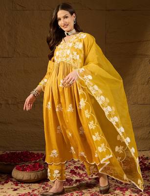Women yellow silk blend solid embroidered a-line kurta trouser with dupatta 3