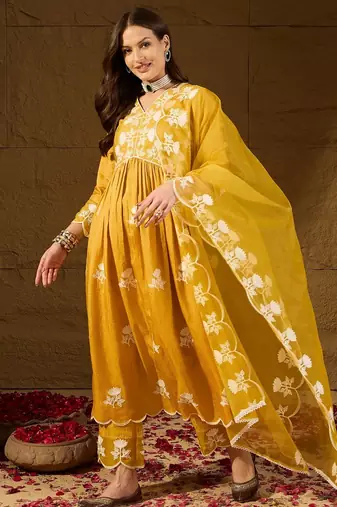 Women yellow silk blend solid embroidered a-line kurta trouser with dupatta