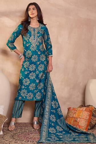 Women blue cotton blend floral printed straight kurta trouser with dupatta