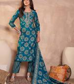 Women blue cotton blend floral printed straight kurta trouser with dupatta