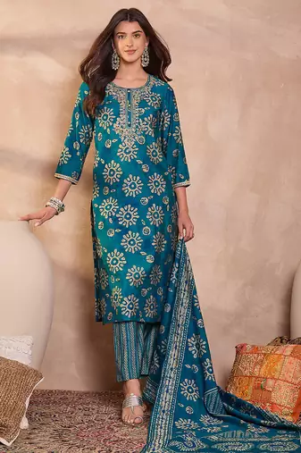 Women blue cotton blend floral printed straight kurta trouser with dupatta